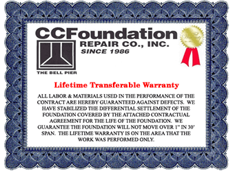 CC Foundation Repair Lifetime Transferable Warranty certificate - some restrictions apply